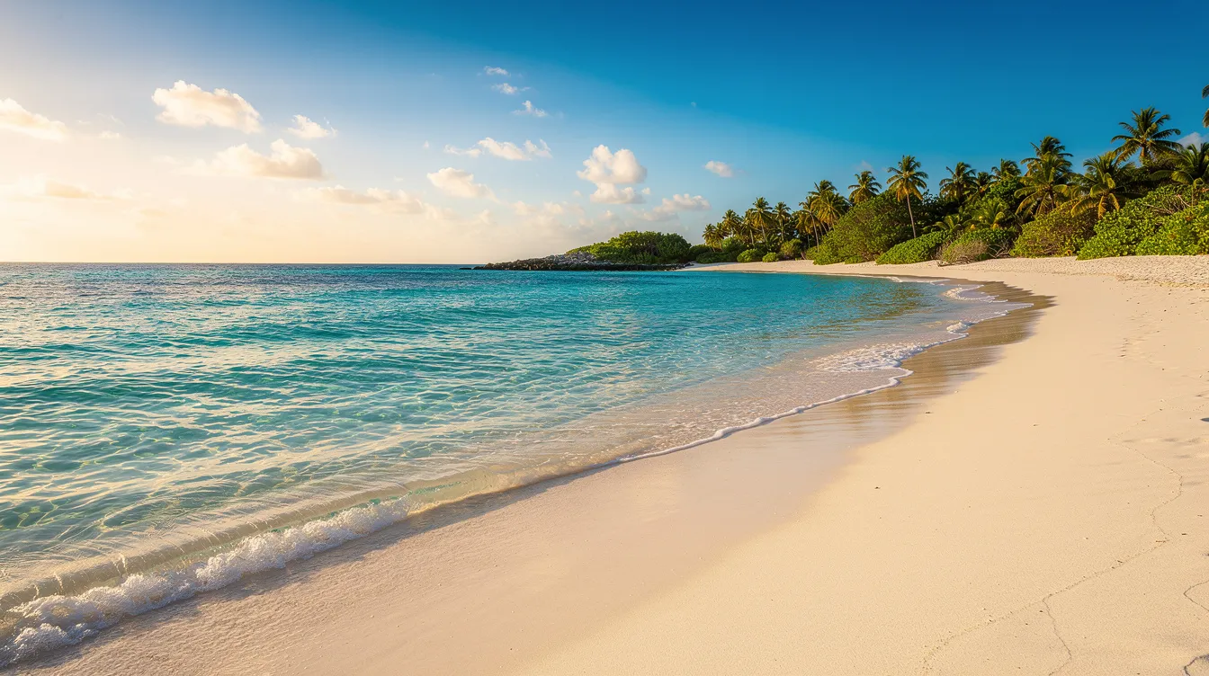 Imagem de uma praia deserta com areia branca e água cristalina azul-turquesa, localizada em uma ilha tropical do Caribe, evocando um cenário de paraíso perfeito para férias relaxantes. A paisagem é rodeada por vegetação exuberante, proporcionando uma experiência tranquila e paradisíaca.