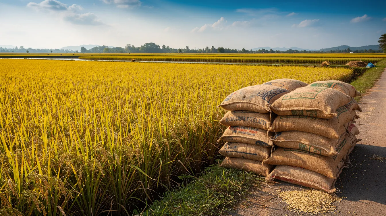 The image depicts vast golden paddy fields with freshly harvested rice bags stacked neatly on the side, showcasing the raw material essential for the poha manufacturing business. This scene highlights the agricultural foundation that supports the production of flattened rice products, which are in high demand for nutritious breakfast options in India.