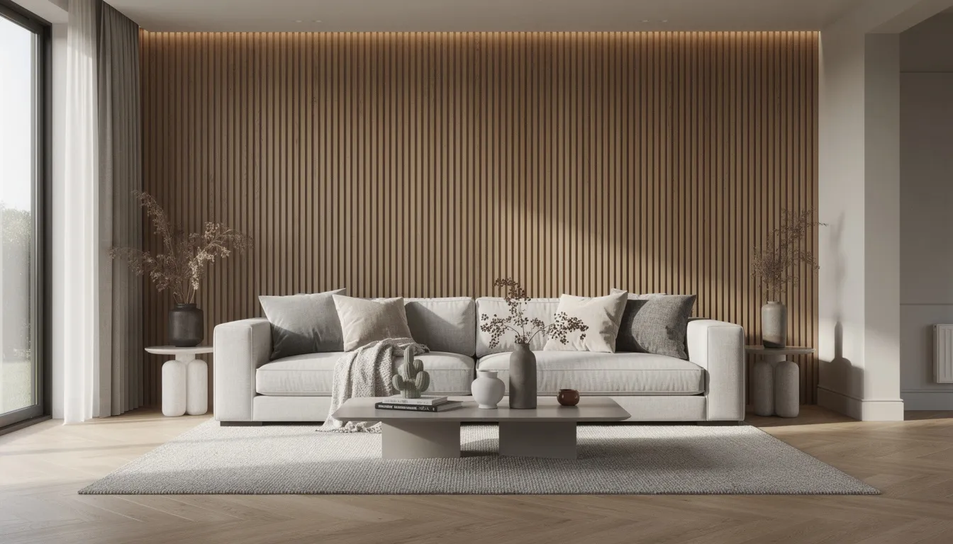 In de moderne woonkamer is een luxe bank te zien, omringd door een verticale houten lattenwand die een warme en natuurlijke uitstraling biedt. De akoestische wandpanelen zorgen niet alleen voor een esthetisch aantrekkelijk geheel, maar verbeteren ook de geluidskwaliteit en verminderen storende geluiden in de ruimte.