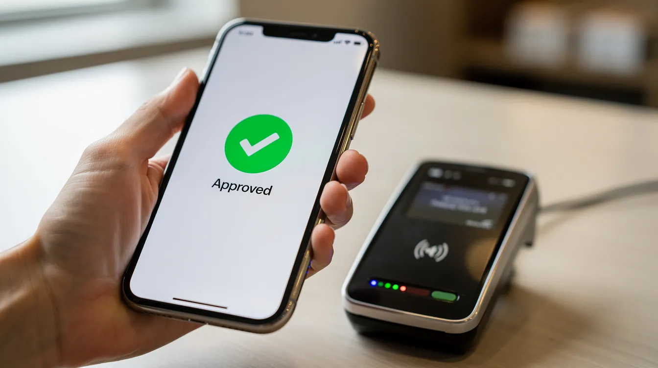 A close-up image shows a person holding an iPhone near a payment terminal, which displays a green checkmark, indicating a successful contactless payment. This scene highlights the convenience of using a digital wallet for in-store transactions, such as Apple Pay or Google Pay.