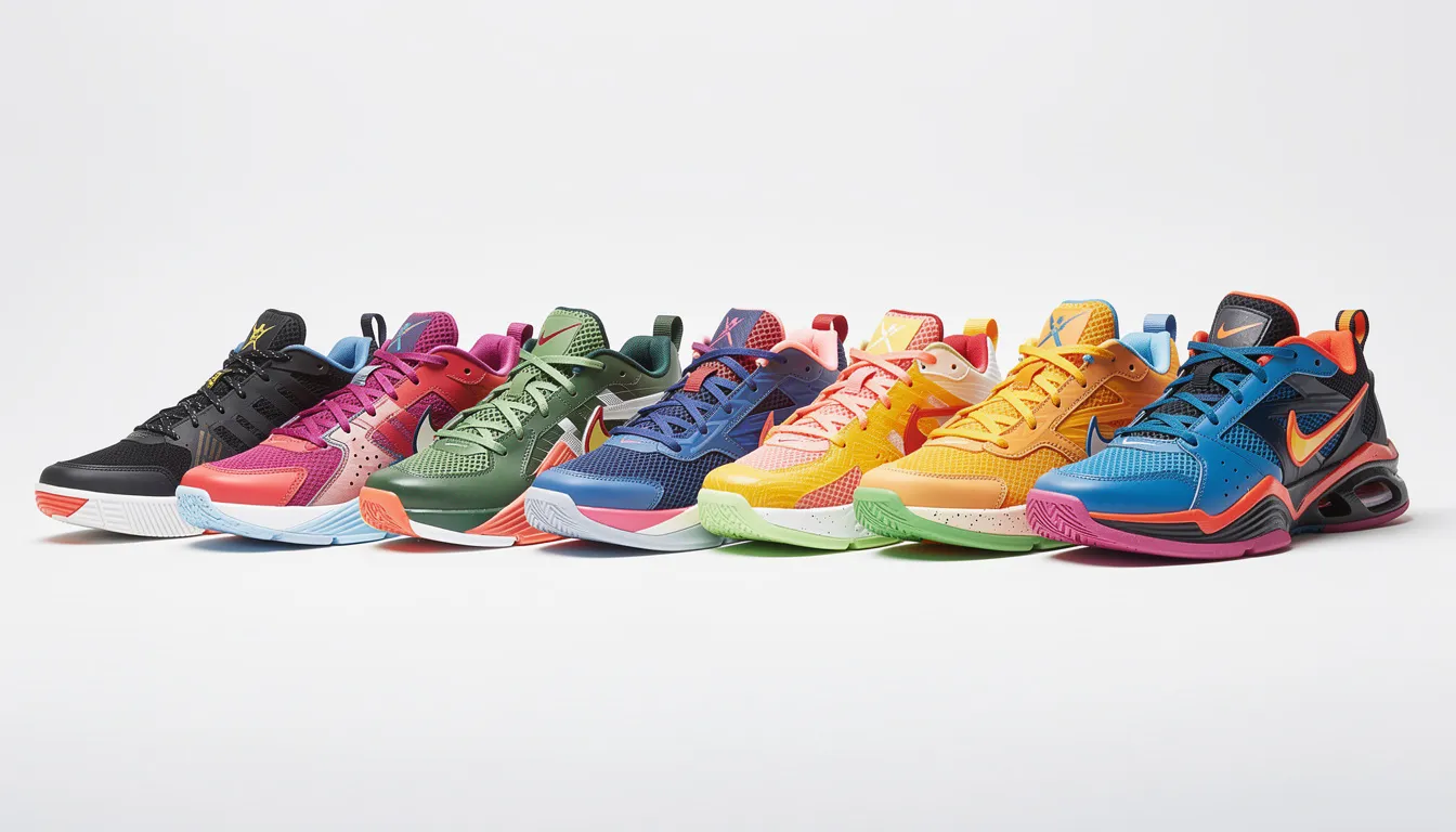 Kobe Reps: How To Find High-Quality Kobe Bryant Replica Sneakers 10 A vibrant collection of colorful basketball sneakers, including popular styles like Air Jordan and Gucci, is neatly arranged in a row against a clean white background. Each pair showcases unique craftsmanship and design, appealing to customers looking for quality rep shoes at various price ranges.