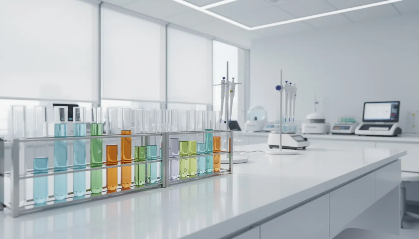 The image depicts a modern laboratory featuring a clean white bench equipped with various scientific instruments and test tubes, suggesting an environment for conducting research, possibly related to nmn supplementation and its benefits for healthy aging and energy metabolism. The setting highlights the importance of clinical trials and optimal dosage in the study of anti-aging health products.