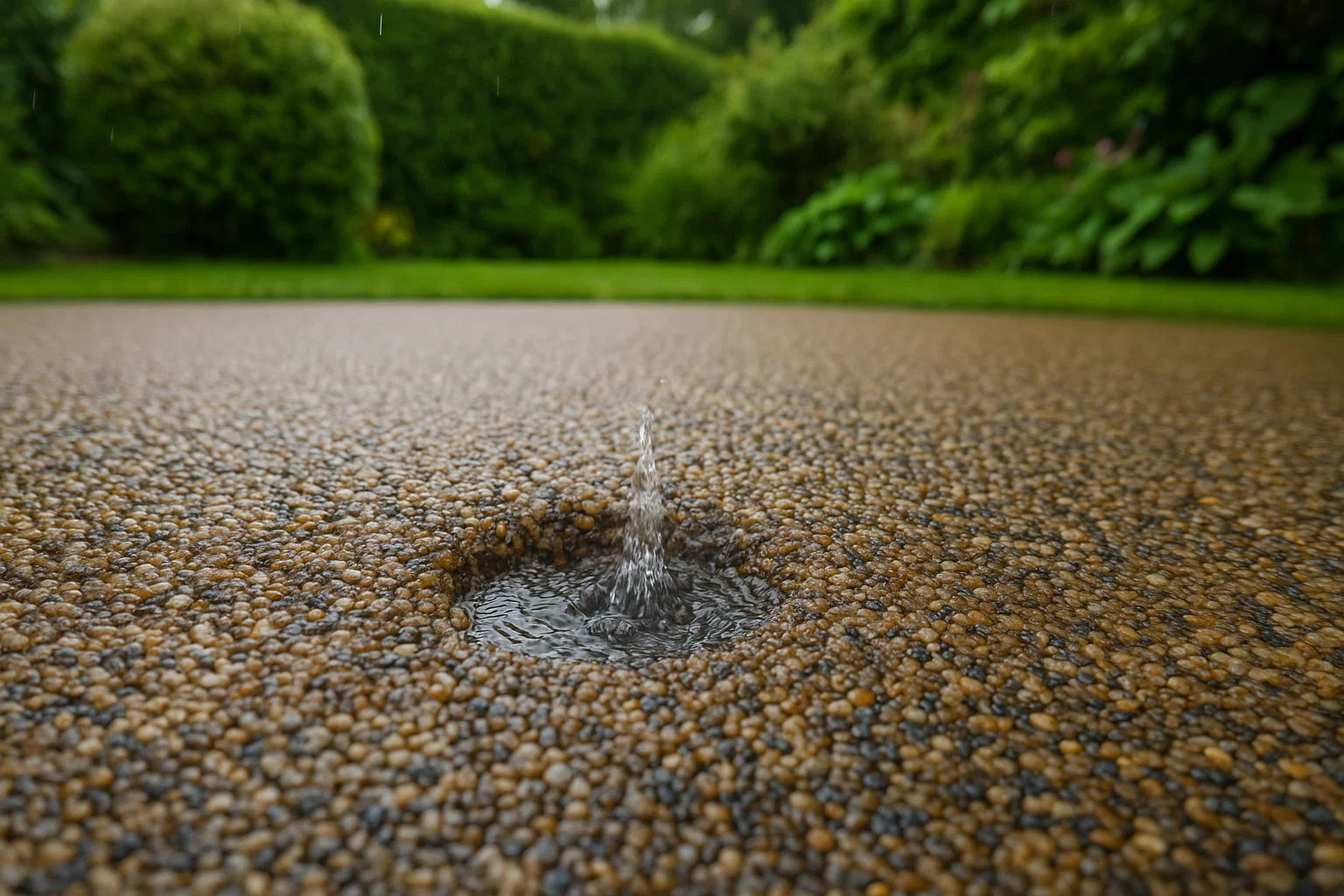 Rainwater draining through a permeable resin bound driveway in Greater Manchester.
