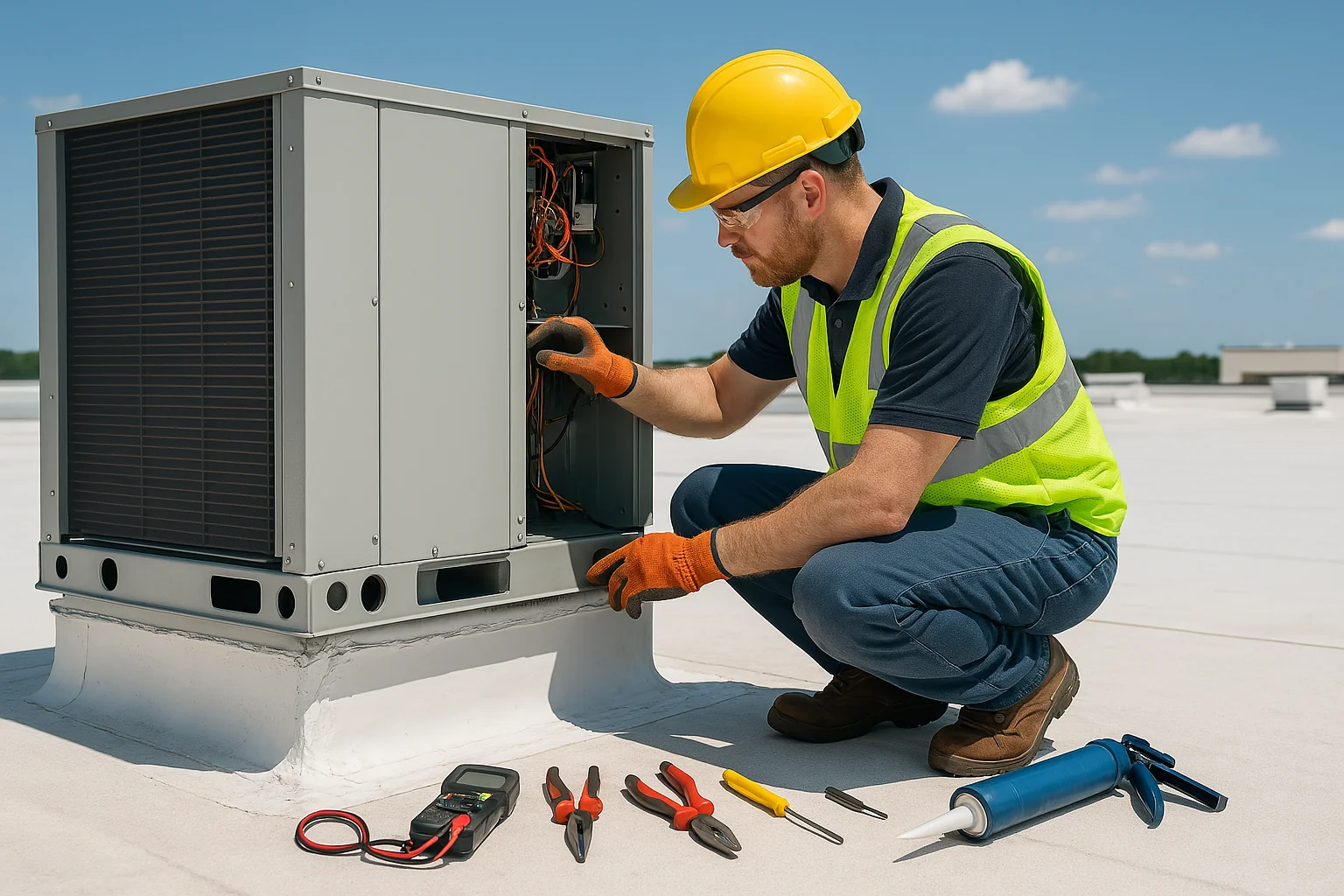 Technician inspecting an HVAC unit on a flat commercial roof, checking seals and equipment stability.