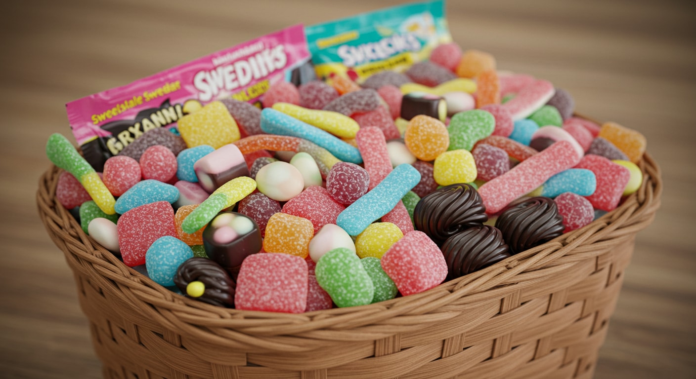 Assorted Swedish candy arranged in a gift basket—one of the sweetest Mother's Day gift ideas