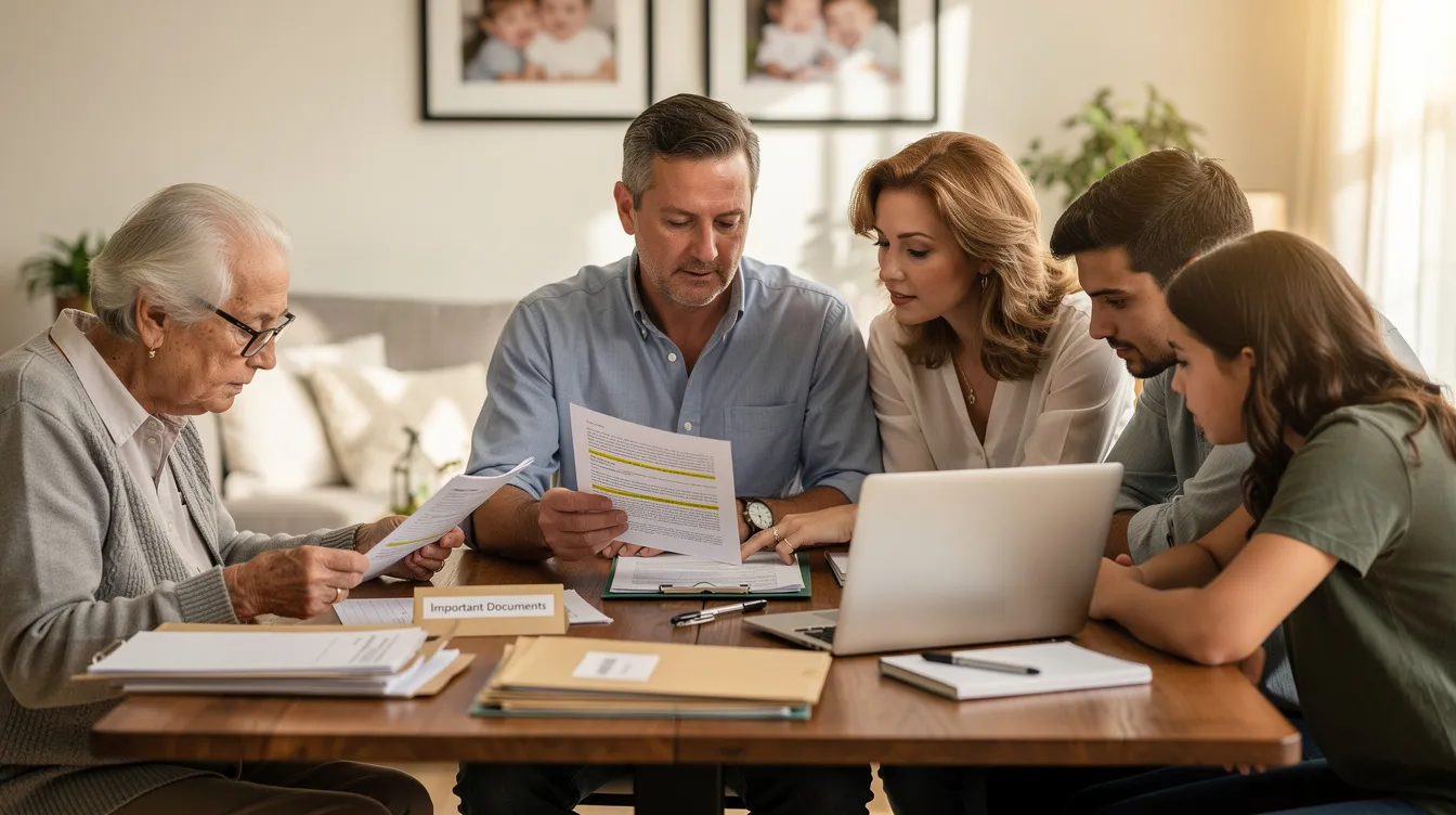 A family is gathered around a table, reviewing important documents related to their comprehensive estate plan, which includes discussions on inheritance laws and asset distribution. They are focused on ensuring financial security and effective succession planning for future generations, considering the complexities of tax implications and legal systems across multiple jurisdictions.