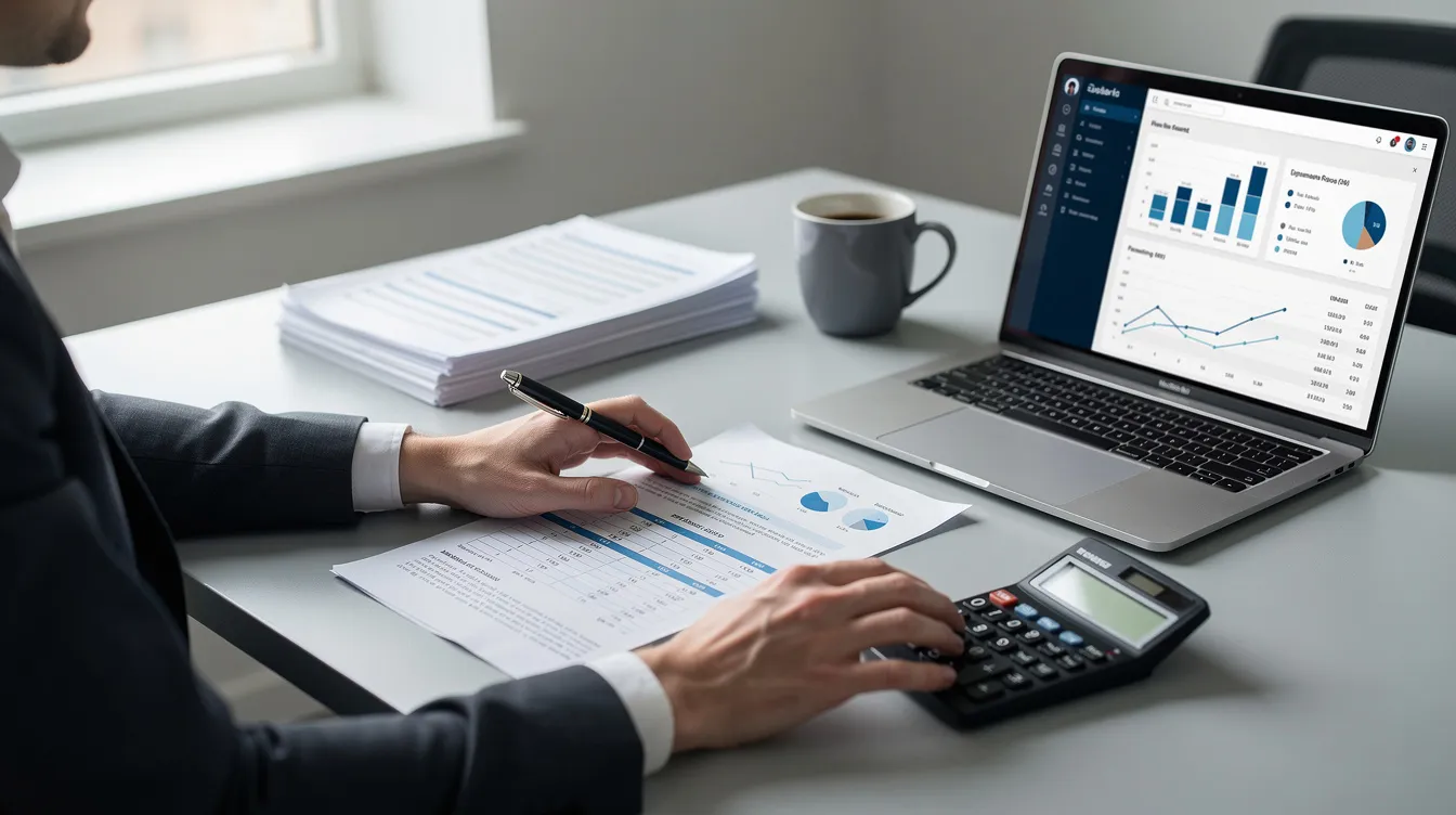 A professional is seated at a desk, meticulously reviewing financial documents while using a calculator and laptop. The scene suggests a focus on 中小企業貸款 and related financial planning, emphasizing the importance of proper documentation and analysis in securing business loans.