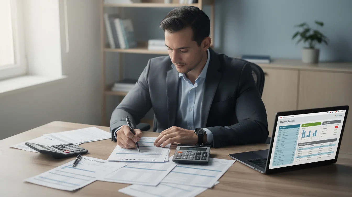 A business owner is seated at a desk, intently reviewing financial documents and bank statements, with a calculator and a laptop nearby. The scene conveys a sense of focus and diligence in managing finances.