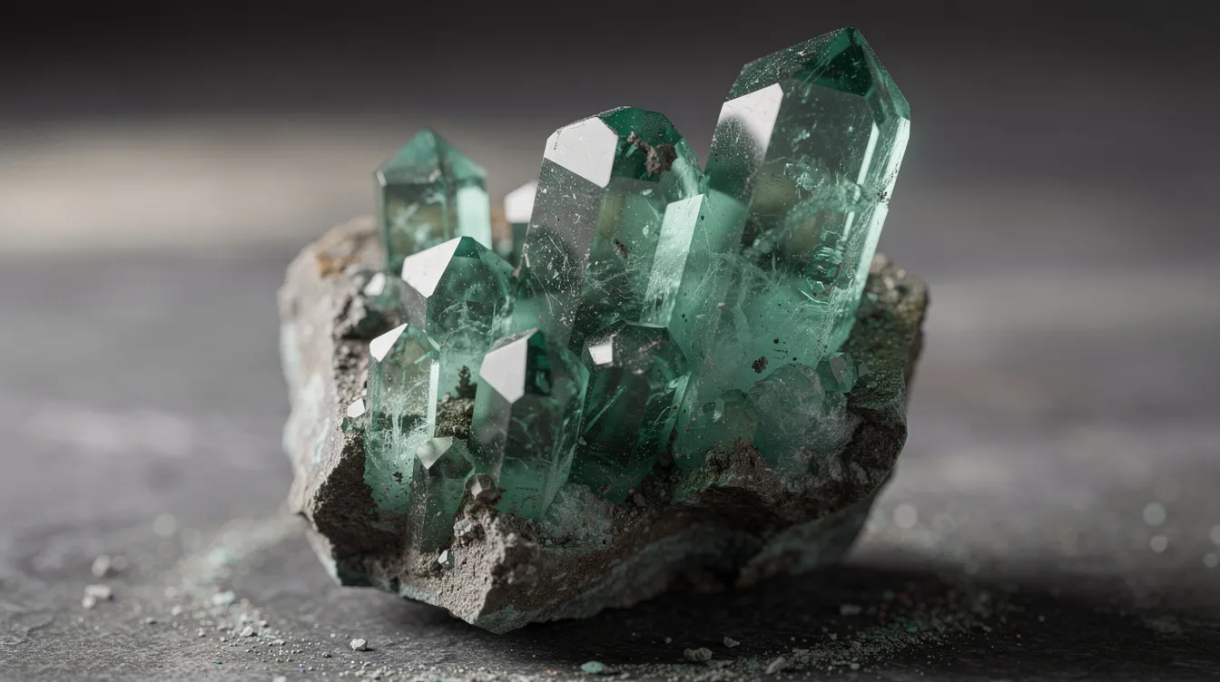The image features raw emerald crystals in their natural hexagonal formation, showcasing their vibrant green hue with a slight bluish tint. These stunning gemstones, known as the birthstone for May, symbolize new beginnings and carry a rich history of elegance and beauty.