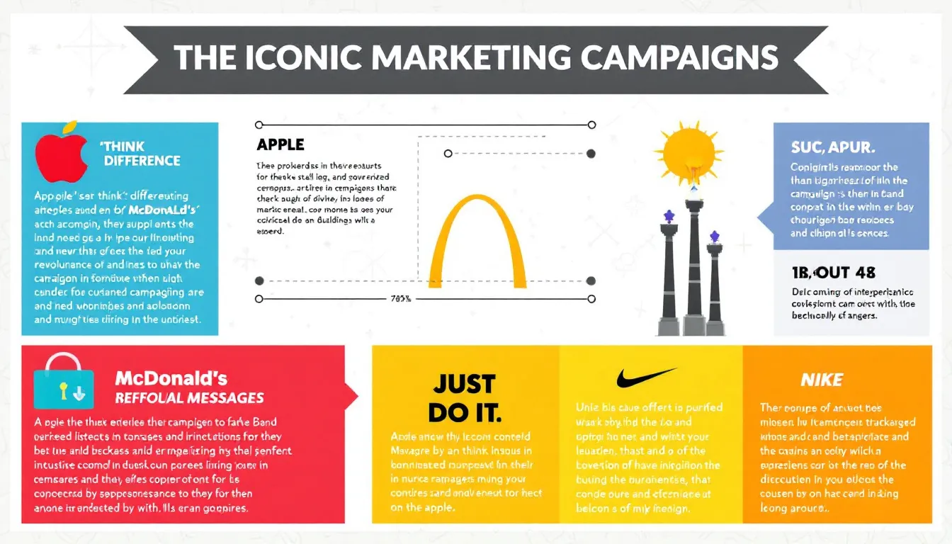 The image showcases a collage of iconic marketing campaigns that have defined industries, featuring recognizable logos and slogans from brands like Coca-Cola and Dollar Shave Club. Each campaign exemplifies innovative marketing strategies that created lasting impressions and emotional connections with their target audience, demonstrating the power of brand engagement and audience interaction.