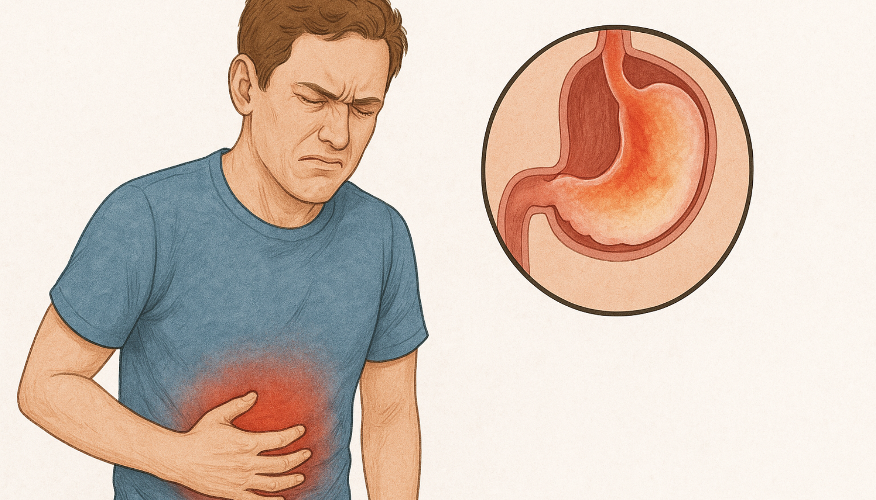 Mann med magesmerter i midten av magen, illustrasjon viser syre i magen som kan påvirke tennene.