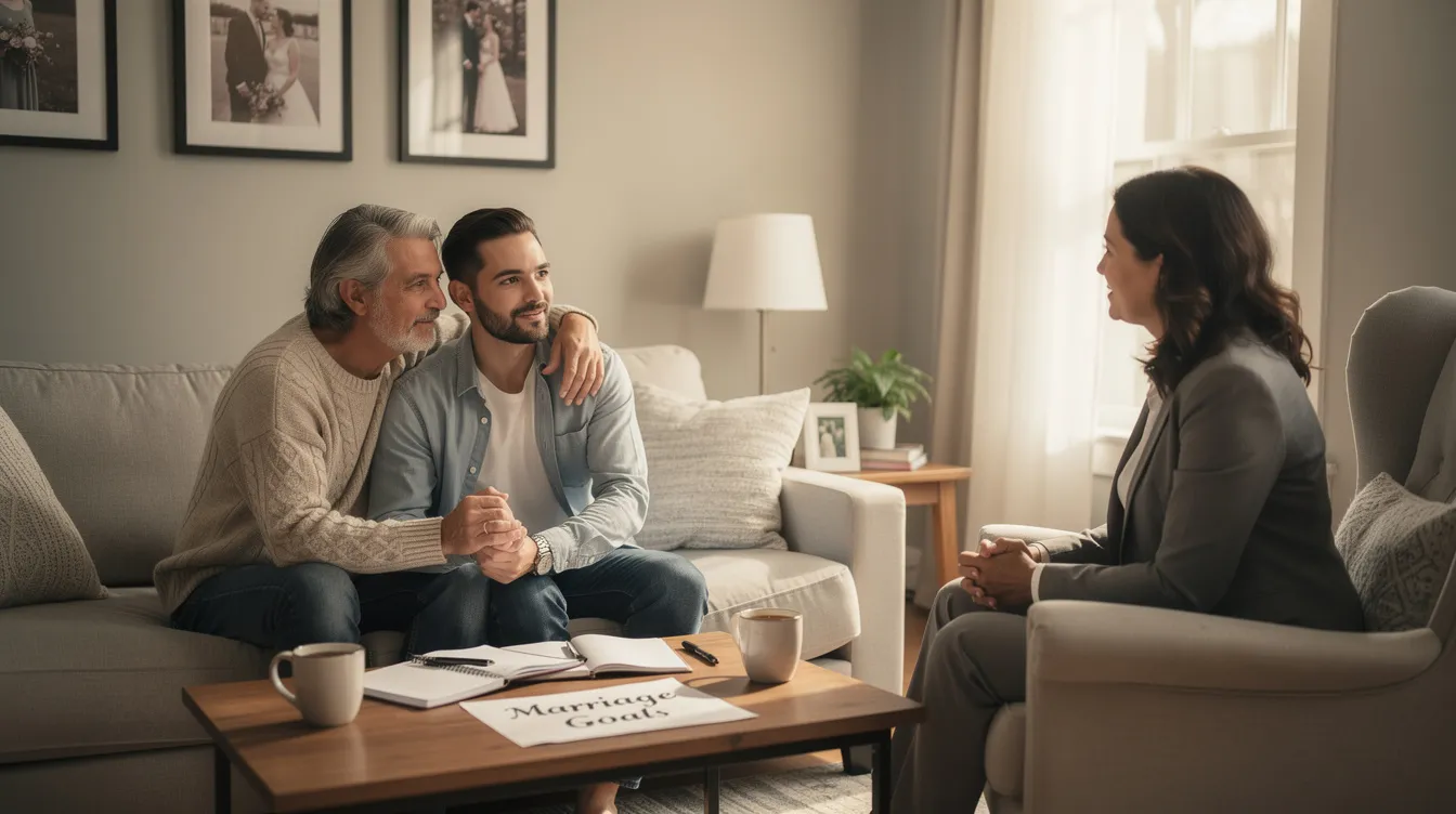 The image depicts a married couple sitting together in a cozy living room, engaged in a heartfelt conversation, symbolizing the importance of communication in preventing divorce. They are surrounded by family photos, illustrating a commitment to their relationship and the effort required to manage marital problems through marriage counseling and quality time together.