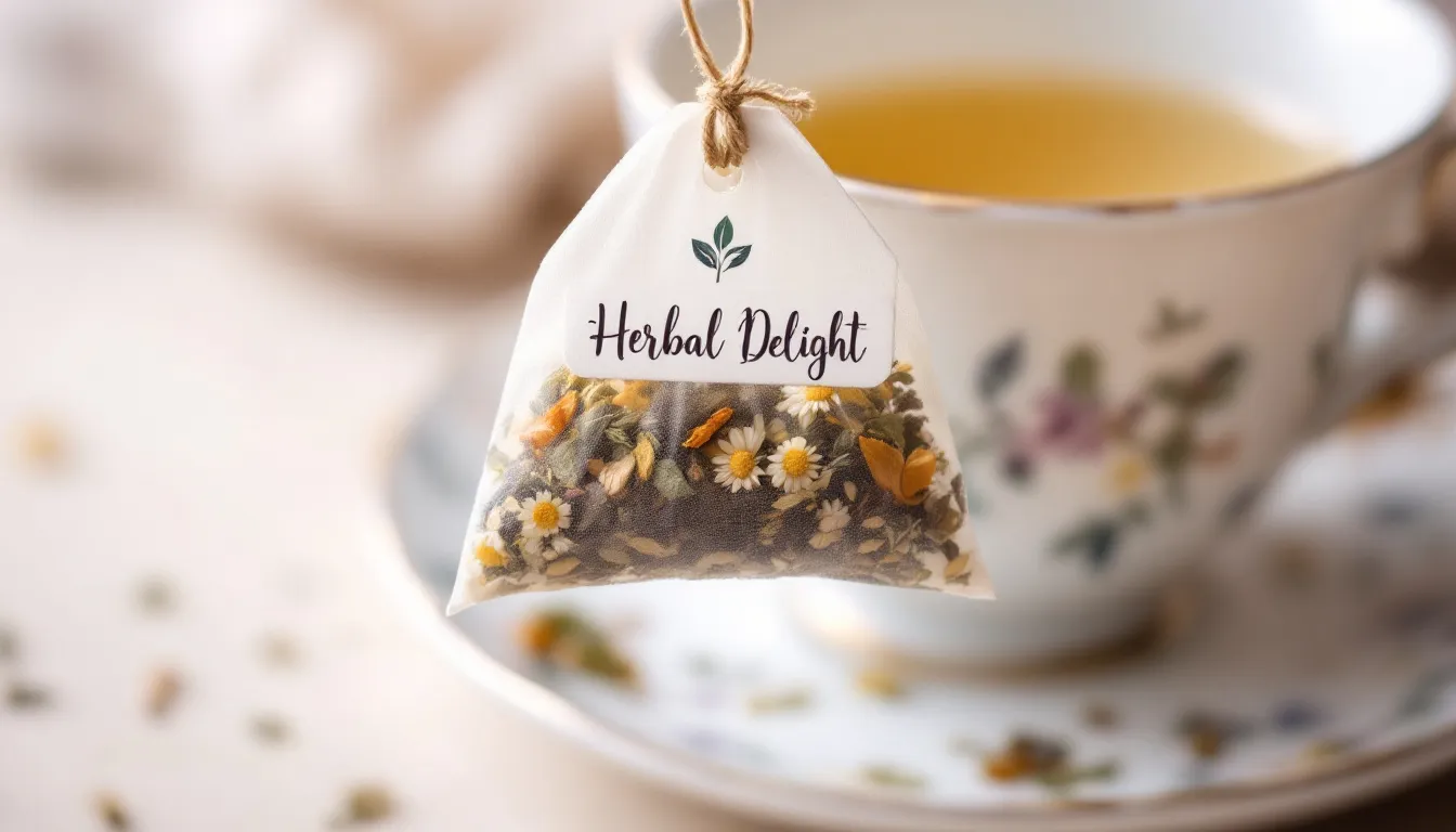 A close-up image features hand-tied tea bags filled with visible herbs, each adorned with labeled tags, while a small teacup sits in the background. This charming setup makes for a wonderful DIY teacher gift idea, perfect for teacher appreciation week or as a unique homemade gift for a favorite teacher.