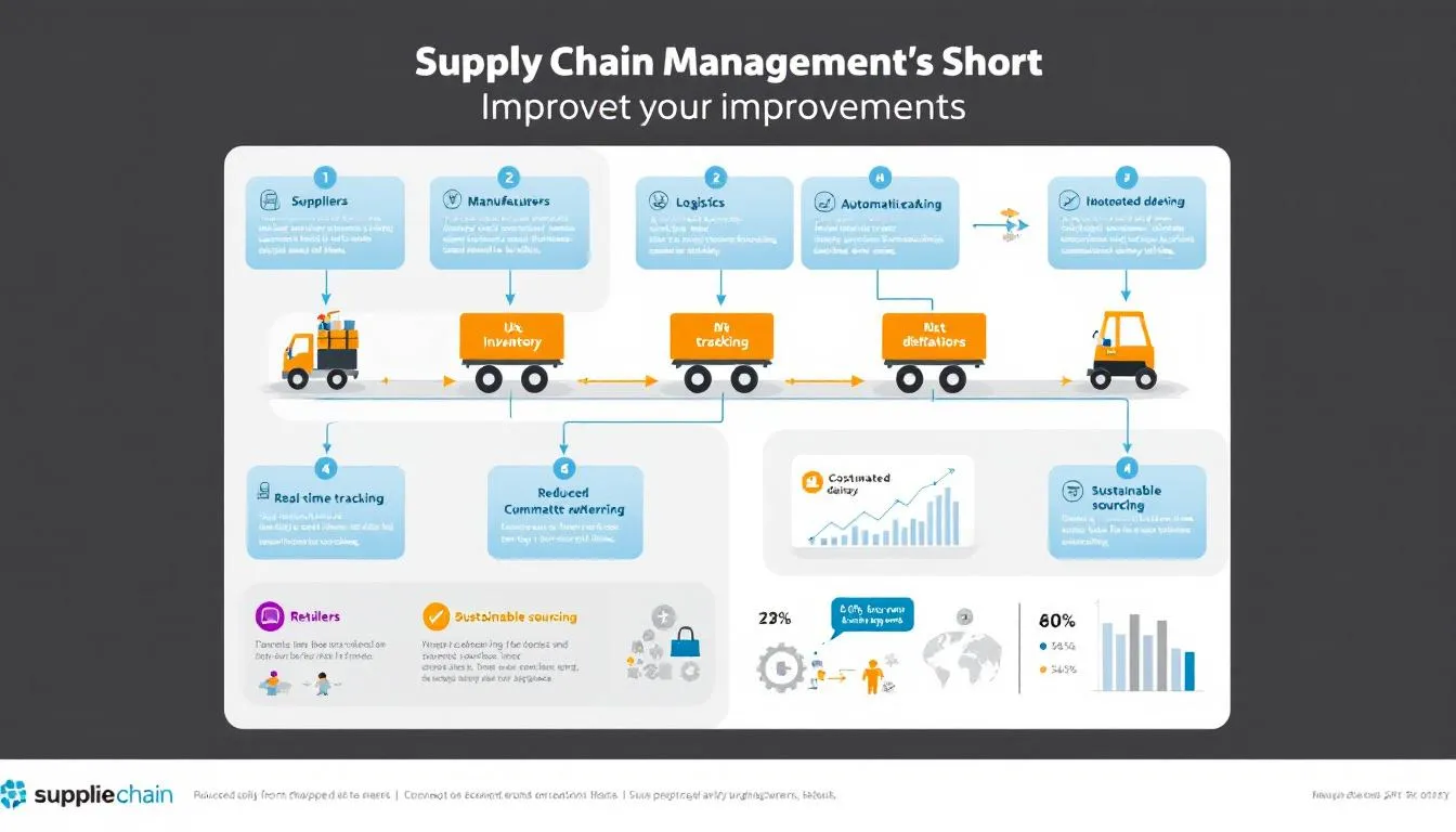The image illustrates various improvements in supply chain management, showcasing a flowchart that integrates predictive analytics tools and machine learning algorithms to enhance manufacturing processes. It highlights the use of historical data and real-time insights for optimizing production, reducing costs, and improving customer satisfaction in the manufacturing industry.