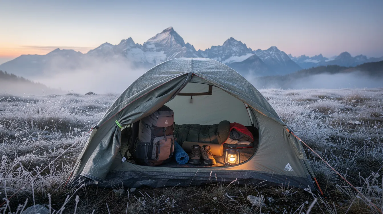 A camping tent is set up in a frosty mountain meadow at dawn, with the soft glow of the morning light illuminating the gear visible inside, including a memory foam sleeping pad and air mattresses. The scene captures the tranquil beauty of nature, perfect for a cozy night sleeping in the cold weather.