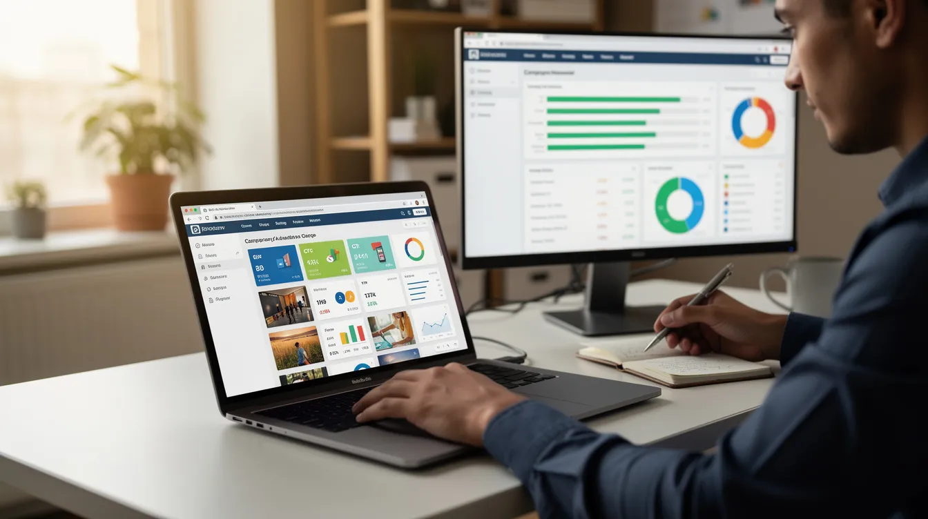 A person is sitting at a desk, focused on a laptop as they manage digital advertising campaigns aimed at generating plumbing leads. The screen displays various marketing tools and analytics, showcasing effective lead generation strategies to attract new customers for a plumbing company.