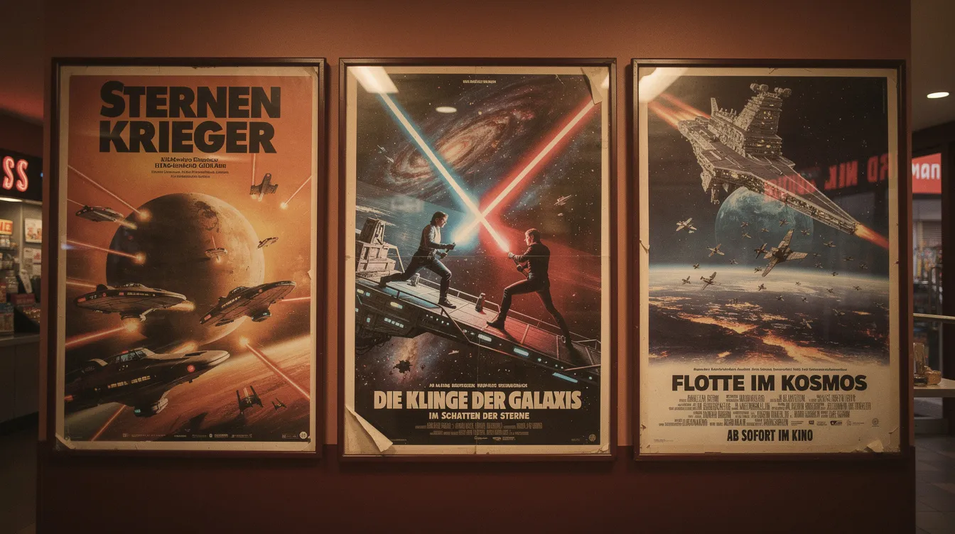 In einem Kinofoyer hängen drei alte Kinoplakate nebeneinander, die dramatische Weltraumszenen aus der Star Wars-Saga zeigen. Die Plakate präsentieren Lichtschwerter und Raumschiffe in einer warmen Retro-Farbpalette, die an die Original-Trilogie erinnert.