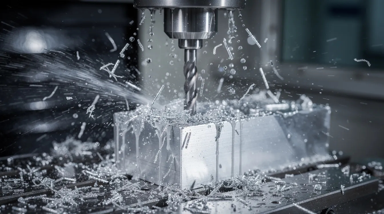 The image shows a close-up view of a CNC milling machine actively cutting through an aluminum block, with a fine mist of coolant spraying to keep the material cool during the precision machining process. This showcases the advanced technology used in sheet metal fabrication and the creation of high precision parts.