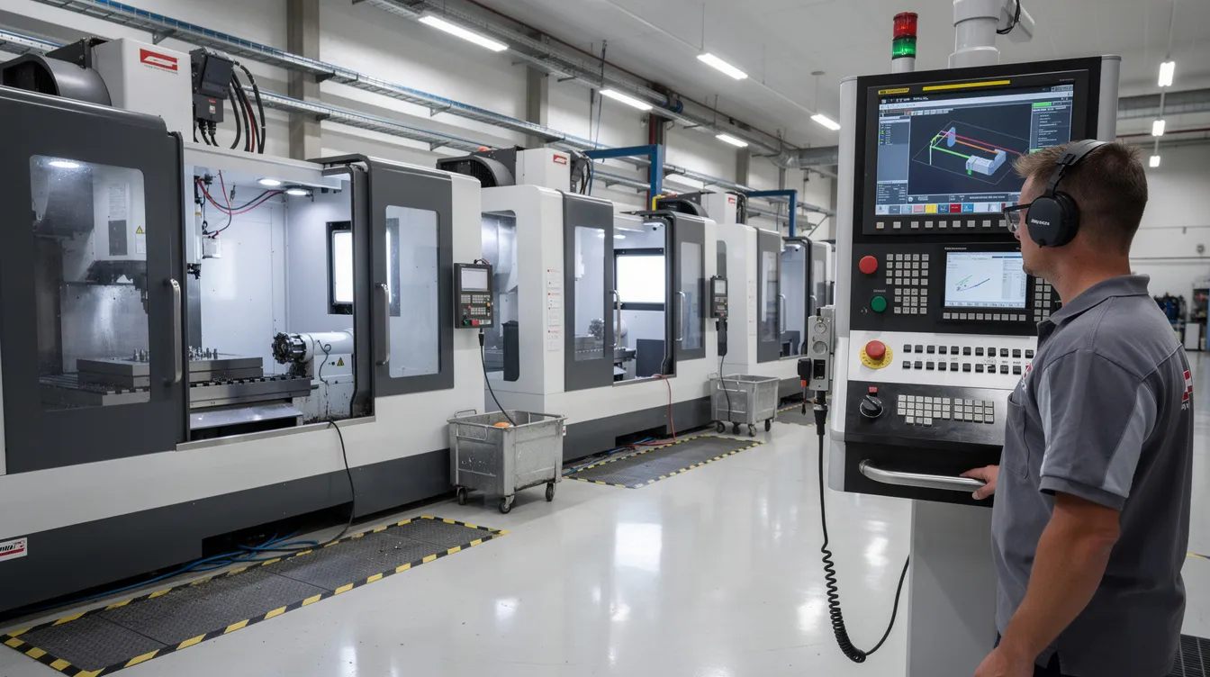 The image depicts a modern CNC machining workshop featuring several advanced 5-axis machining centers, with an operator attentively monitoring a control panel. This setting highlights the capabilities of precision CNC machining, showcasing sophisticated equipment essential for manufacturing complex geometries and achieving tight tolerances.