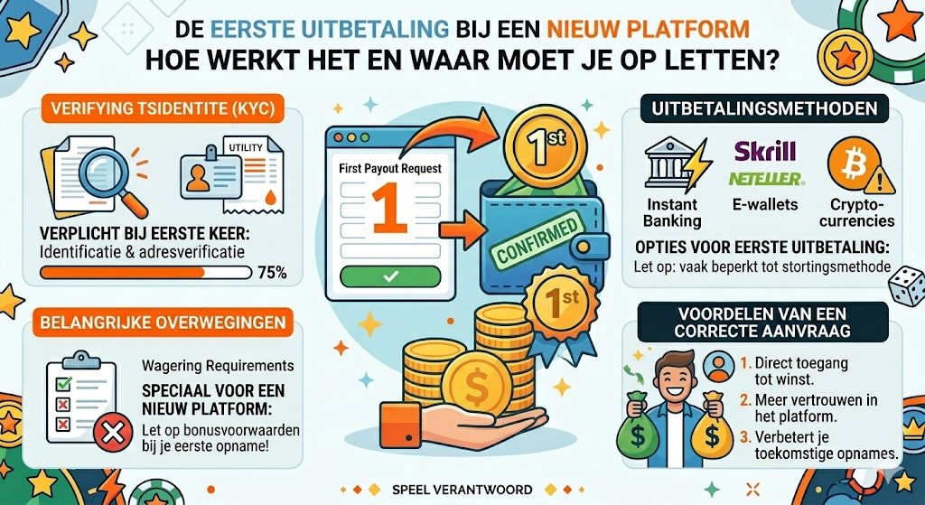 Infographic over de eerste uitbetaling bij een online casino, met uitleg over KYC verificatie, uitbetaling aanvragen en instant uitbetaling via e-wallets zoals Skrill en Neteller bij snelst uitbetalende online casino’s.