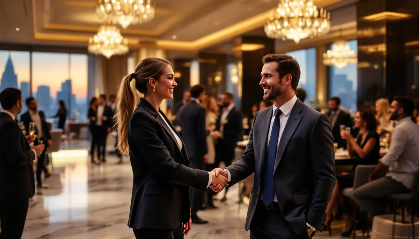 A corporate networking event showcasing professionals engaging and building relationships.