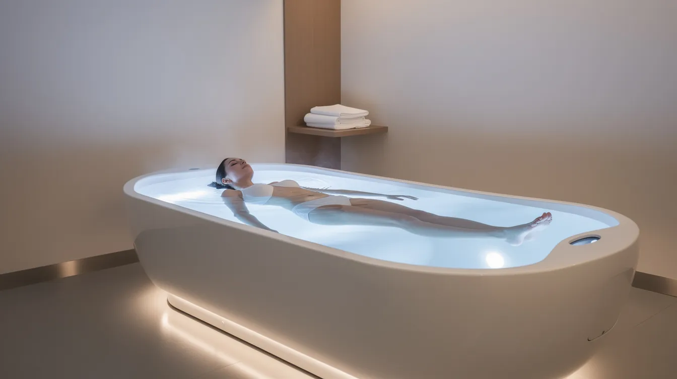 Exploring the World of Sensory Deprivation: From Float Tanks to Thought Experiments 2 - Consent Culture A person is effortlessly floating on their back inside a modern float tank pod, surrounded by soft ambient lighting in a clean private room, creating an atmosphere ideal for deep relaxation and sensory deprivation. This serene environment promotes stress relief and self-reflection, enhancing the mind-body connection during flotation therapy.