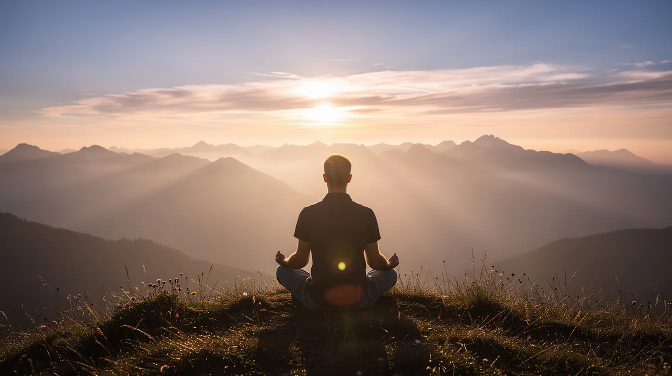 A person sits cross-legged on a serene hilltop at sunrise, surrounded by a breathtaking mountain landscape bathed in golden light. This moment of stillness represents a journey of personal growth and self-awareness, inviting a deep sense of inner peace and the transformative power of embracing one's unique path.