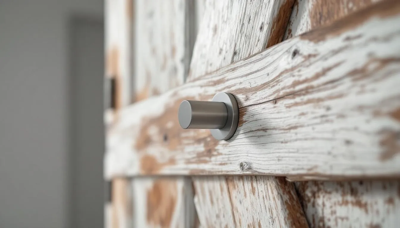 Close-up of a privacy lock installed on a barn door, illustrating how to add more privacy to a barn door.