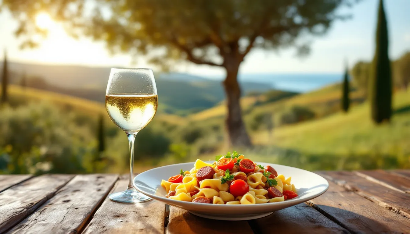 A delightful serving of orecchiette pasta with sausage and vegetables paired with a glass of white wine.