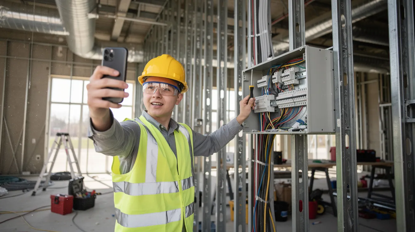 A young construction apprentice is filming a short video of themselves working on electrical wiring at a commercial jobsite, showcasing their hands-on skills and training in a registered apprenticeship program. This moment highlights the practical experience essential for their future career in the construction industry.