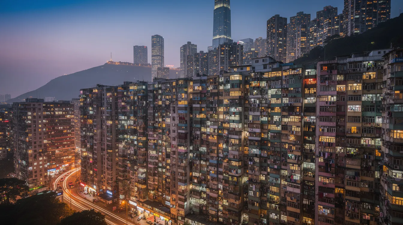 The image depicts a skyline of Hong Kong residential apartment buildings illuminated by city lights at dusk, showcasing a vibrant urban atmosphere. The scene captures the essence of the city's financial hub, where concepts like "二線 財務" and "債務 重組" resonate within its bustling environment.