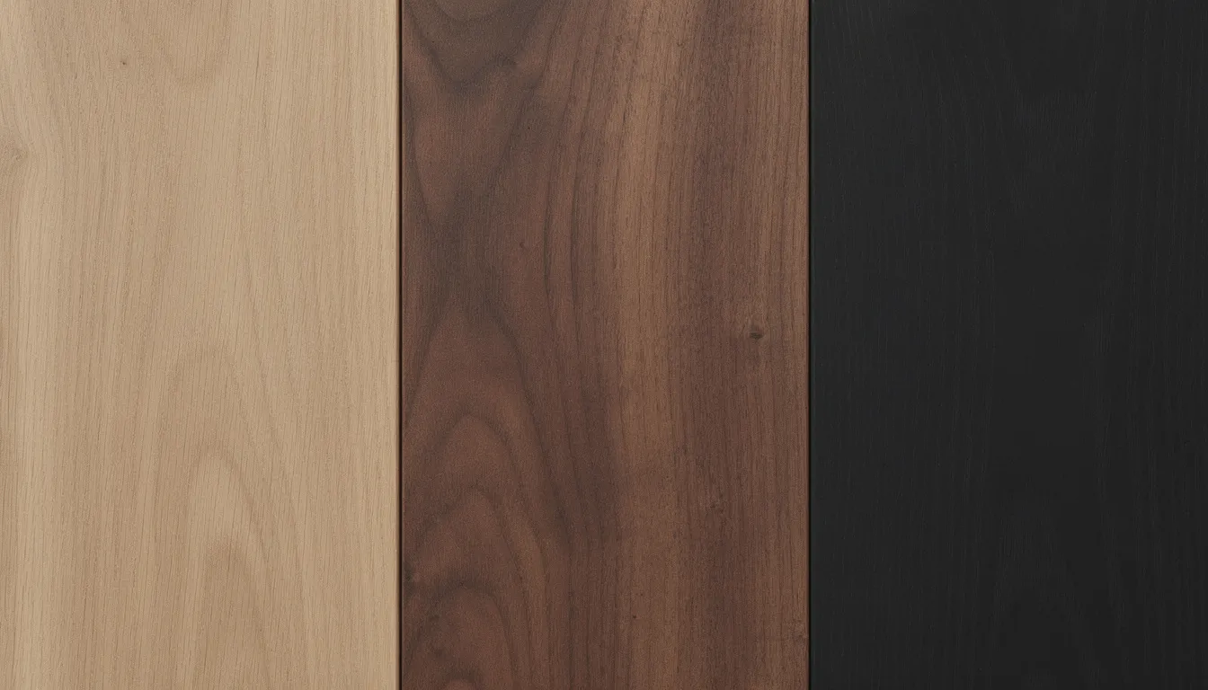 Een close-up van verschillende houttexturen, waaronder licht eiken, walnoot en zwart gebeitst hout, die samen een esthetisch aantrekkelijke uitstraling bieden. Deze houten wandpanelen zijn perfect geschikt voor elke ruimte en benadrukken de natuurlijke schoonheid van massief hout.
