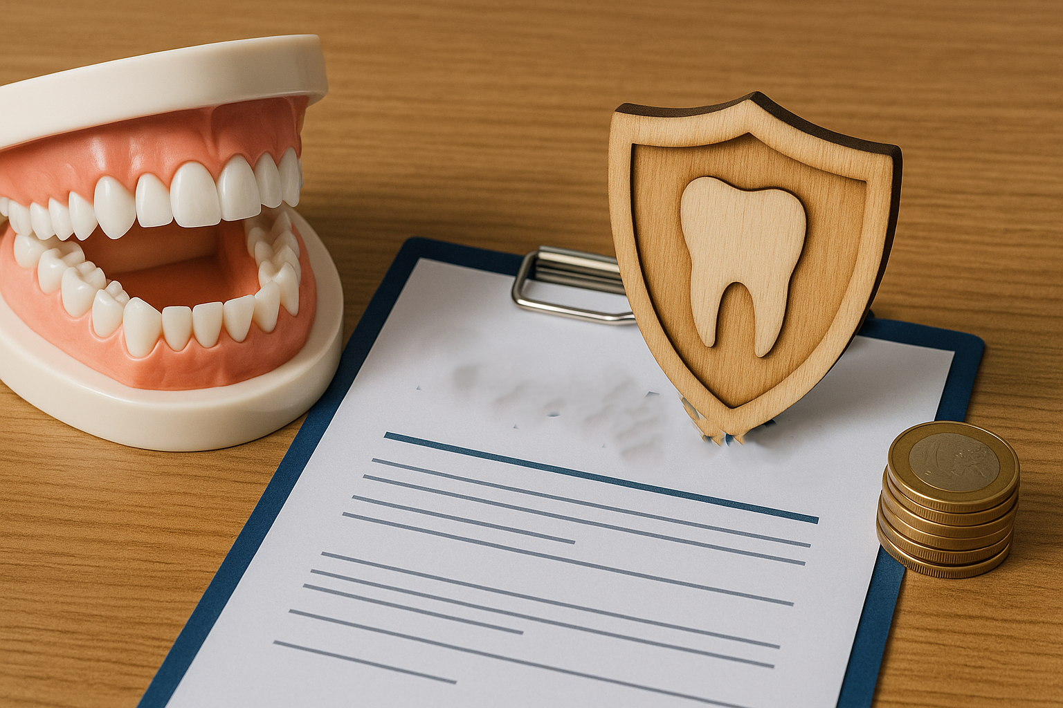 Tannhelseforsikring: En trygghet for økonomien 13 En tannmodell, skjold med tannsymbol og mynter som illustrerer tannforsikring og økonomisk trygghet.