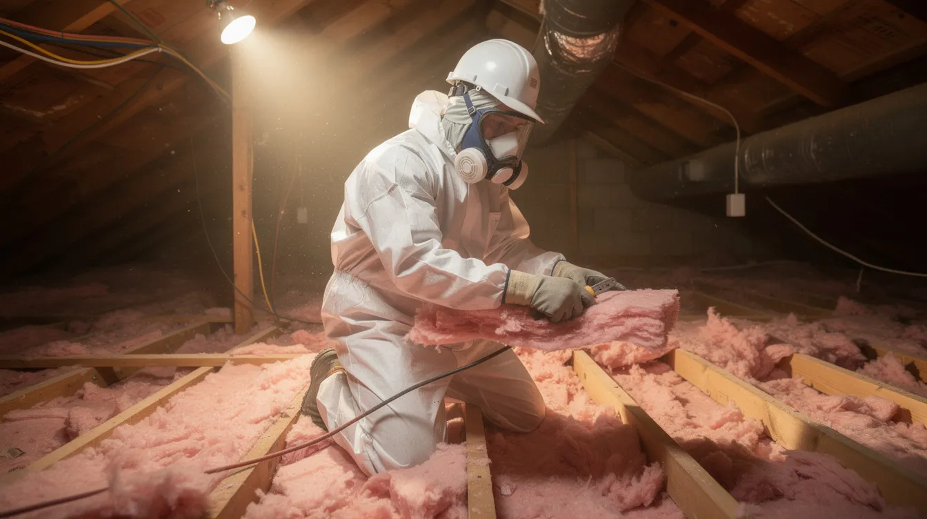A worker in full protective gear, including a respirator and coveralls, is carefully inspecting and replacing contaminated attic insulation in a tight attic space. This process addresses health risks associated with rodent waste and airborne particles, ensuring a safe environment and improving energy efficiency.