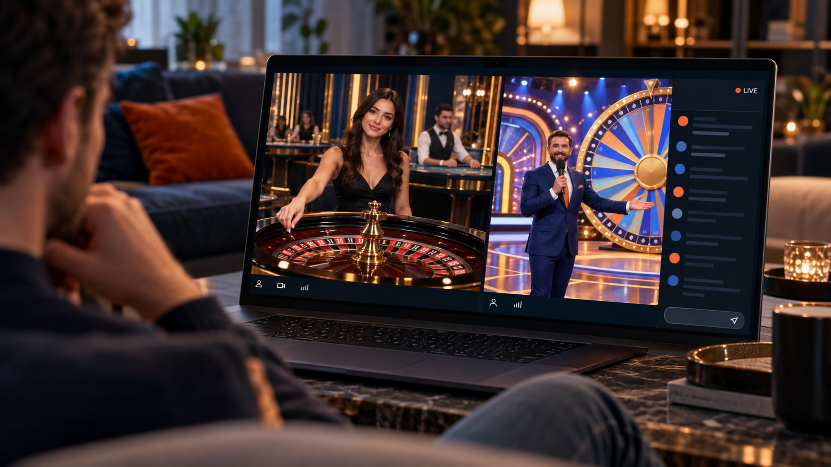 Live casino op een laptop met roulette en een interactieve game show met echte presentatoren.