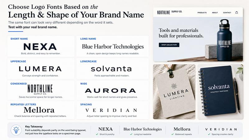 Choosing the right logo font by comparing brand name length, shape, spacing, and readability