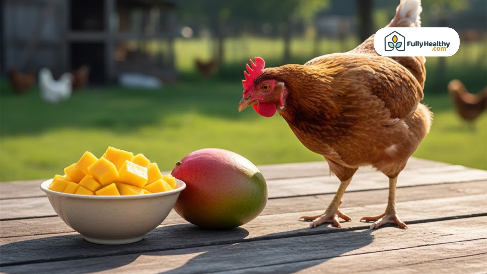 Chicken examining a bowl of mango cubes and whole mango on wooden table