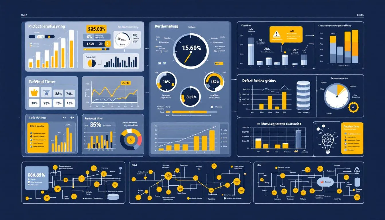 An illustration depicting benchmarking in manufacturing, showcasing various metrics and processes.