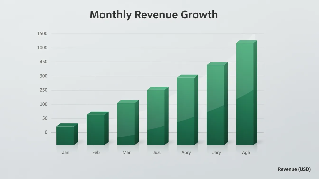 The image features a bar graph illustrating revenue growth over several months, with green bars that increase in height, symbolizing positive financial trends. This visual representation reflects the potential of AI tools in business, similar to insights shared by publications like the Wall Street Journal and Business Insider.