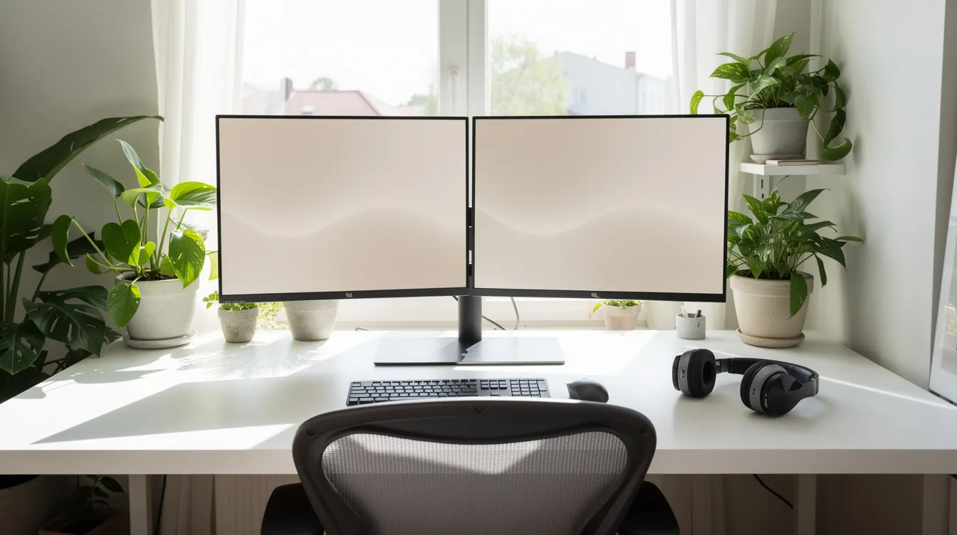 Un espace de travail lumineux et ordonné, comprenant des plantes vertes, un double écran et un casque antibruit sur le bureau, favorise la productivité et l'efficacité tout au long de la journée. Cet environnement de travail bien organisé est essentiel pour rester concentré et atteindre ses objectifs professionnels.