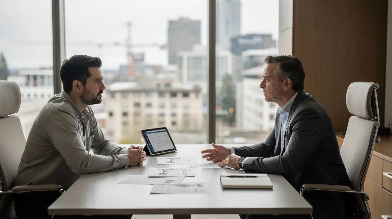 In a modern Seattle law office, a personal injury attorney consults with a client about a scooter accident, reviewing documents that include a tablet and printed papers. The scene conveys a sense of trust and support, with both individuals engaged in a discussion about the client's personal injury claim and the legal options available for scooter accident victims.