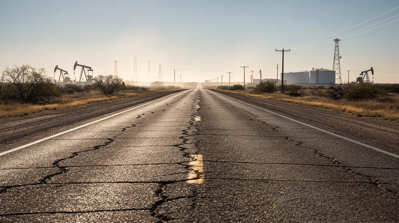 A dusty two-lane highway stretches through the flat landscape of West Texas, with distant oilfield equipment visible on the horizon. This scene highlights the remote nature of the area, which can be a factor in serious motor vehicle accidents, including truck accidents that may lead to severe injuries and significant medical expenses for accident victims.