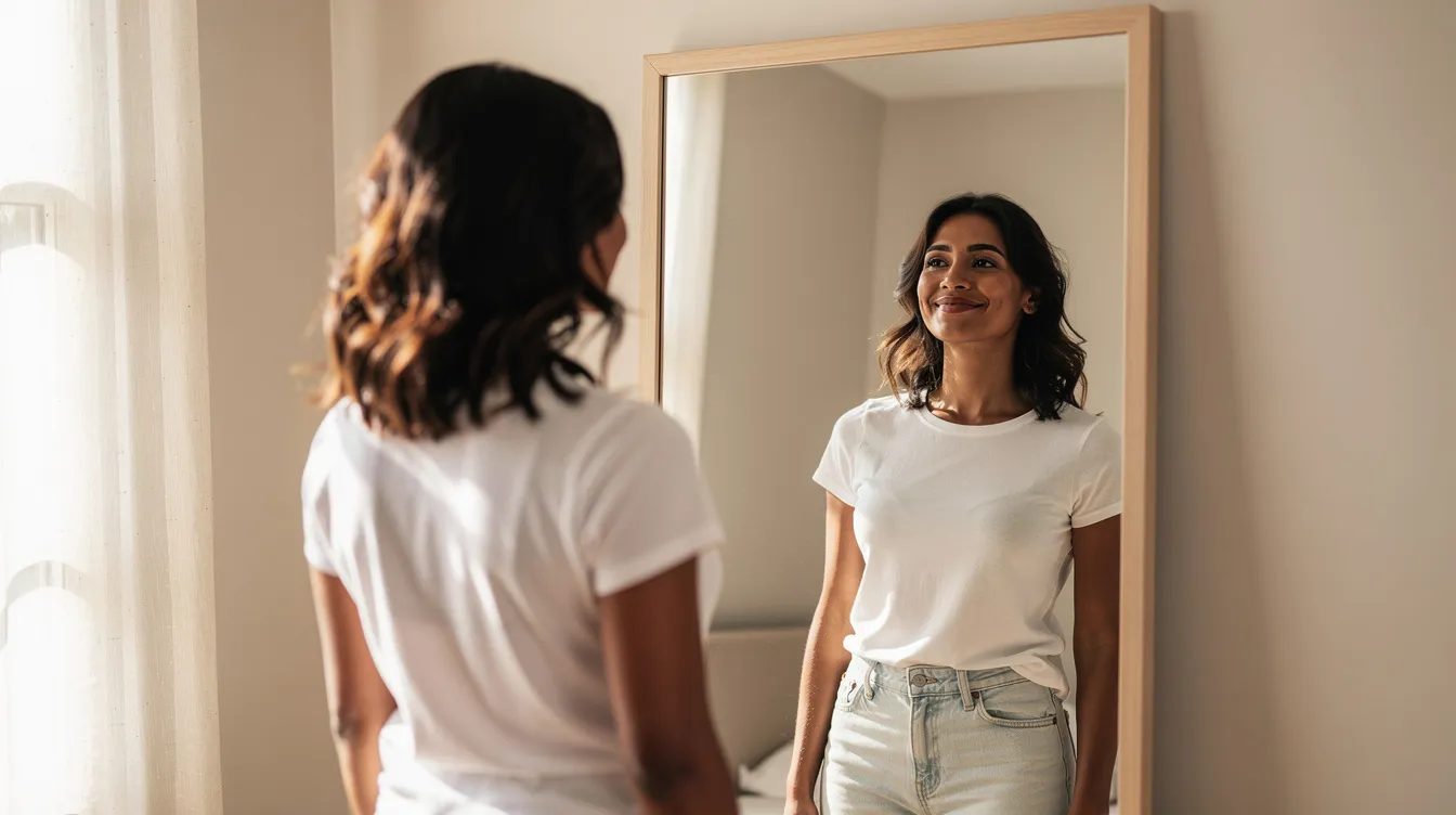 A confident woman gazes at her reflection in a softly lit mirror, radiating contentment. Her expression suggests satisfaction with her natural breast enhancement journey, possibly involving procedures like fat transfer breast augmentation, which emphasizes the beauty of her body and self-acceptance.