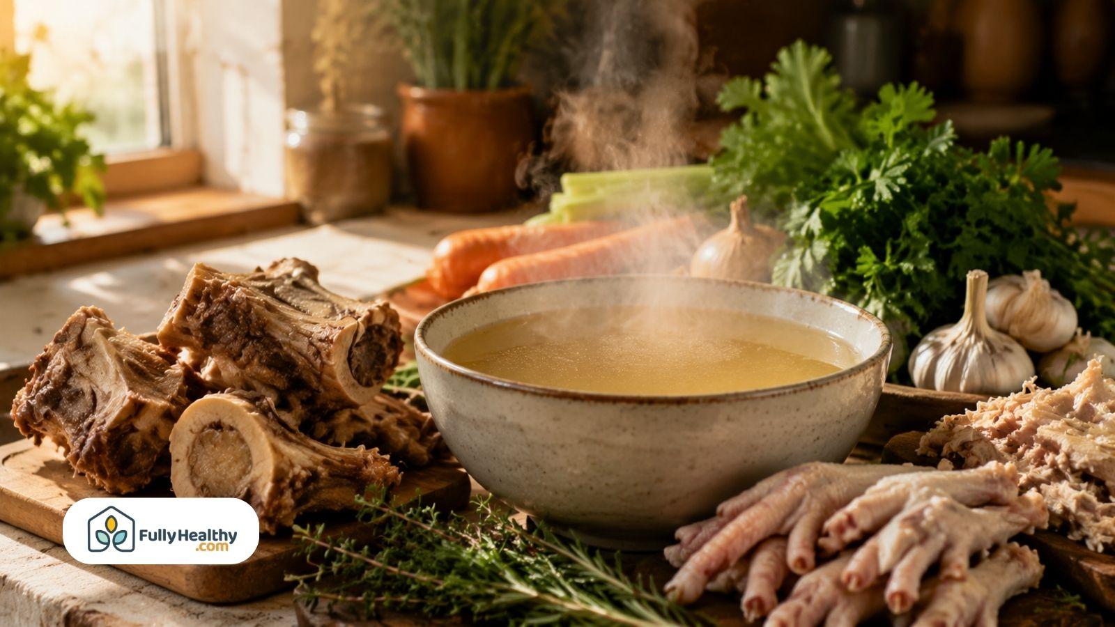Steaming bone broth with beef bones chicken feet and fresh herbs on table