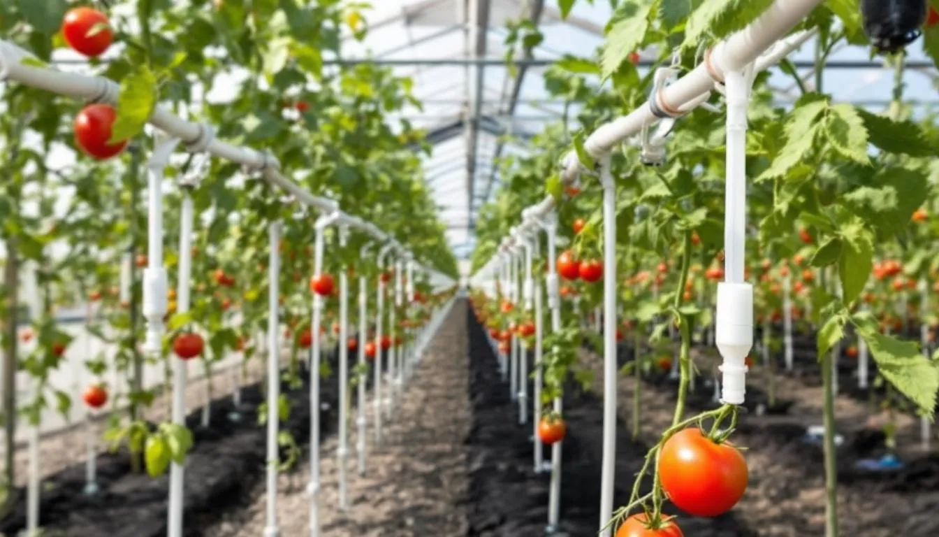 In einem Tomatengewächshaus ist ein Tropfbewässerungssystem installiert, das gleichmäßig Wasser zu den Tomatenpflanzen leitet, um deren Wachstum zu fördern. Die Umgebung ist durch eine transparente PE Gitterfolie geschützt, die optimale Bedingungen für die Pflanzenpflege schafft.
