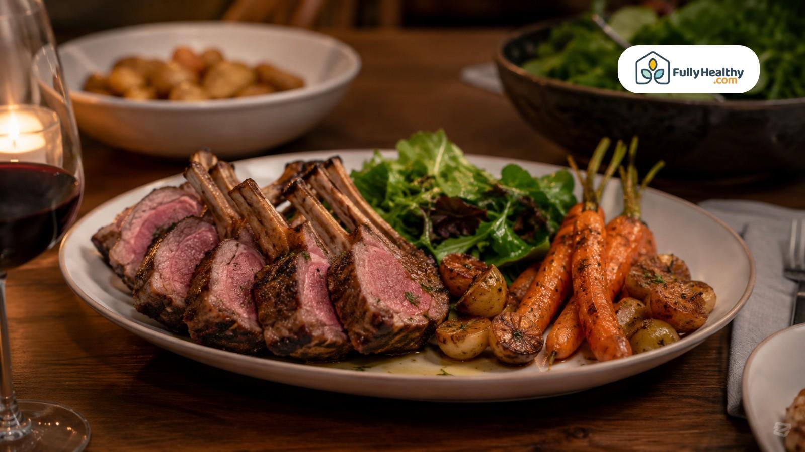 Sliced lamb chops served with roasted carrots, potatoes, greens, and wine