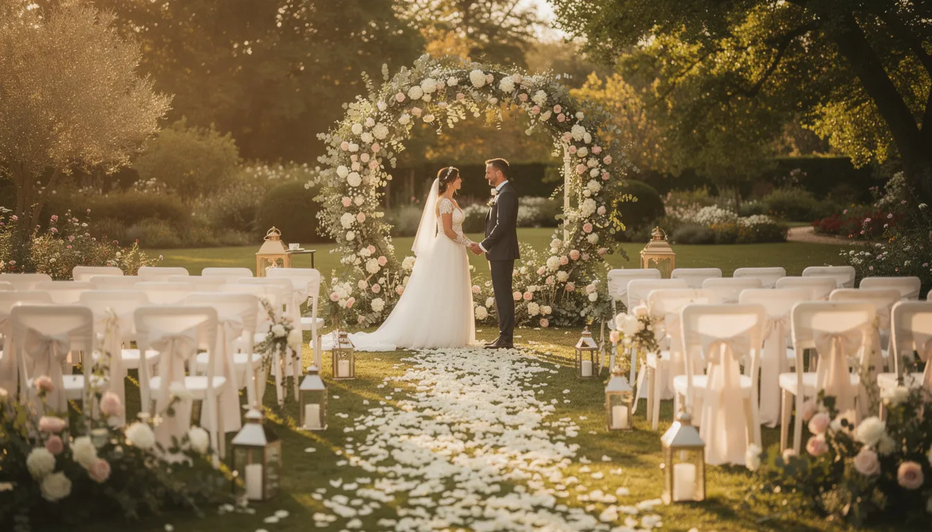 Une cérémonie de mariage en plein air, avec une allée magnifiquement décorée de pétales de rose et une arche fleurie ornée de fleurs colorées. Des chaises blanches sont disposées de chaque côté, créant une atmosphère romantique pour les mariés et leurs invités.