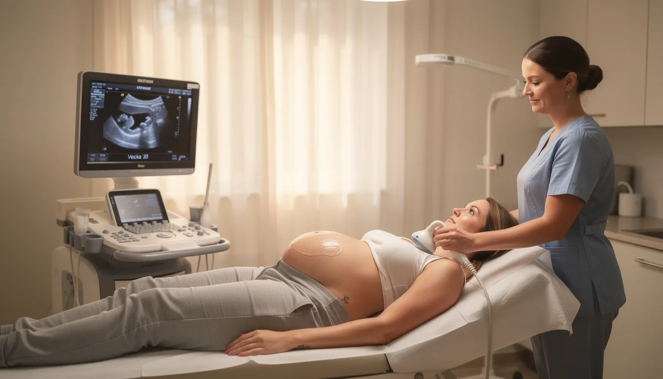 En gravid kvinna får en ultraljudsundersökning av en barnmorska i ett lugnt undersökningsrum, där de tillsammans tittar på bilder av fostret för att följa graviditeten. Undersökningen utförs för att ge blivande föräldrar information om barnets utveckling och säkerhet.