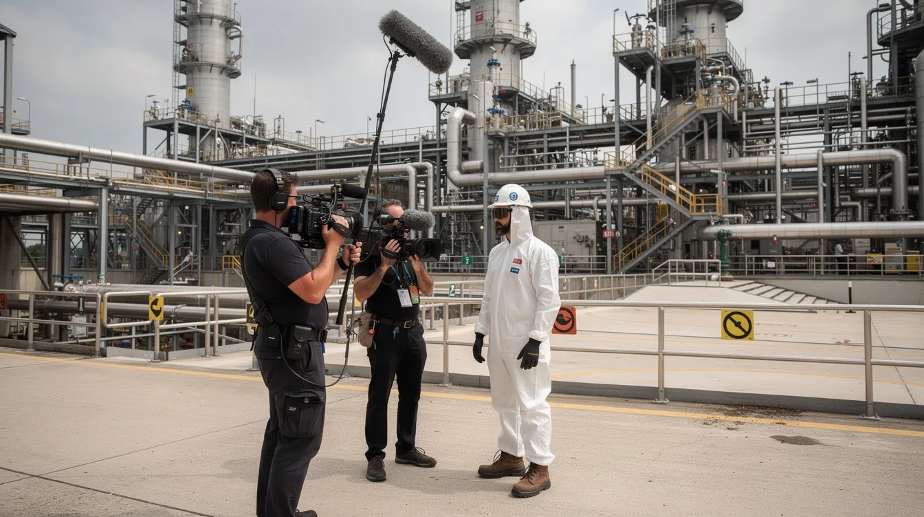 Ein Kamerateam filmt einen Mitarbeitenden in Schutzkleidung auf einem industriellen Werkgelände, während im Hintergrund Rohrleitungen und Produktionsanlagen sichtbar sind. Diese Szene vermittelt die Professionalität und Expertise von muthmedia GmbH in der Filmproduktion und Videoproduktion in Frankfurt am Main.