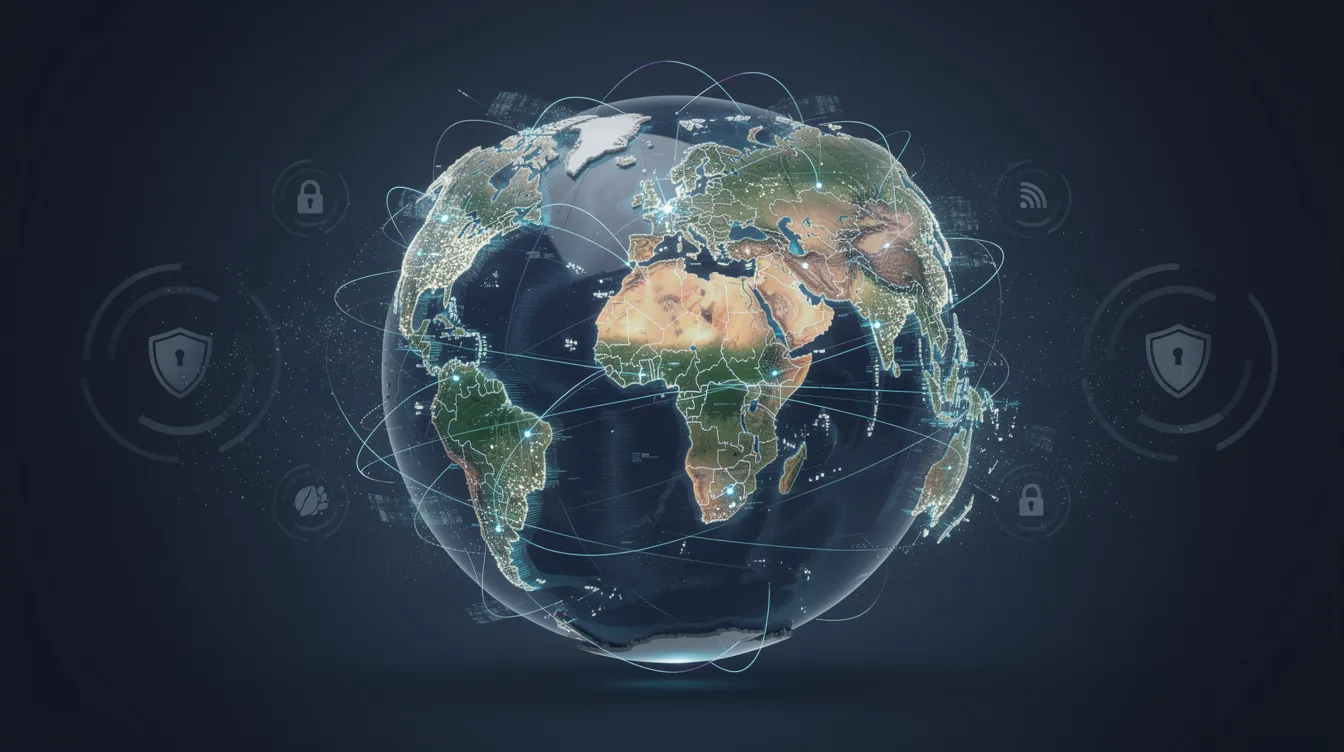The image depicts a globe surrounded by glowing network connections, symbolizing international data transfers and the importance of global regulatory compliance in data security. This visual representation highlights the interconnectedness of data protection efforts across borders, emphasizing the need for adherence to privacy laws and cybersecurity practices.